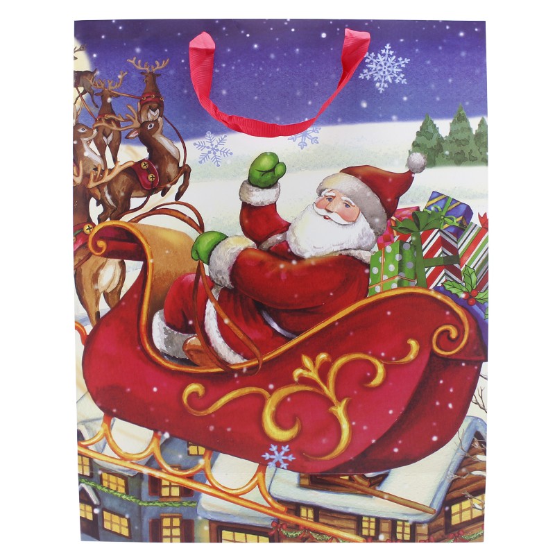 Punga pentru cadou Mos Craciun, 43x55x15 cm, imprimeu divers, maner panglica - imagine 12